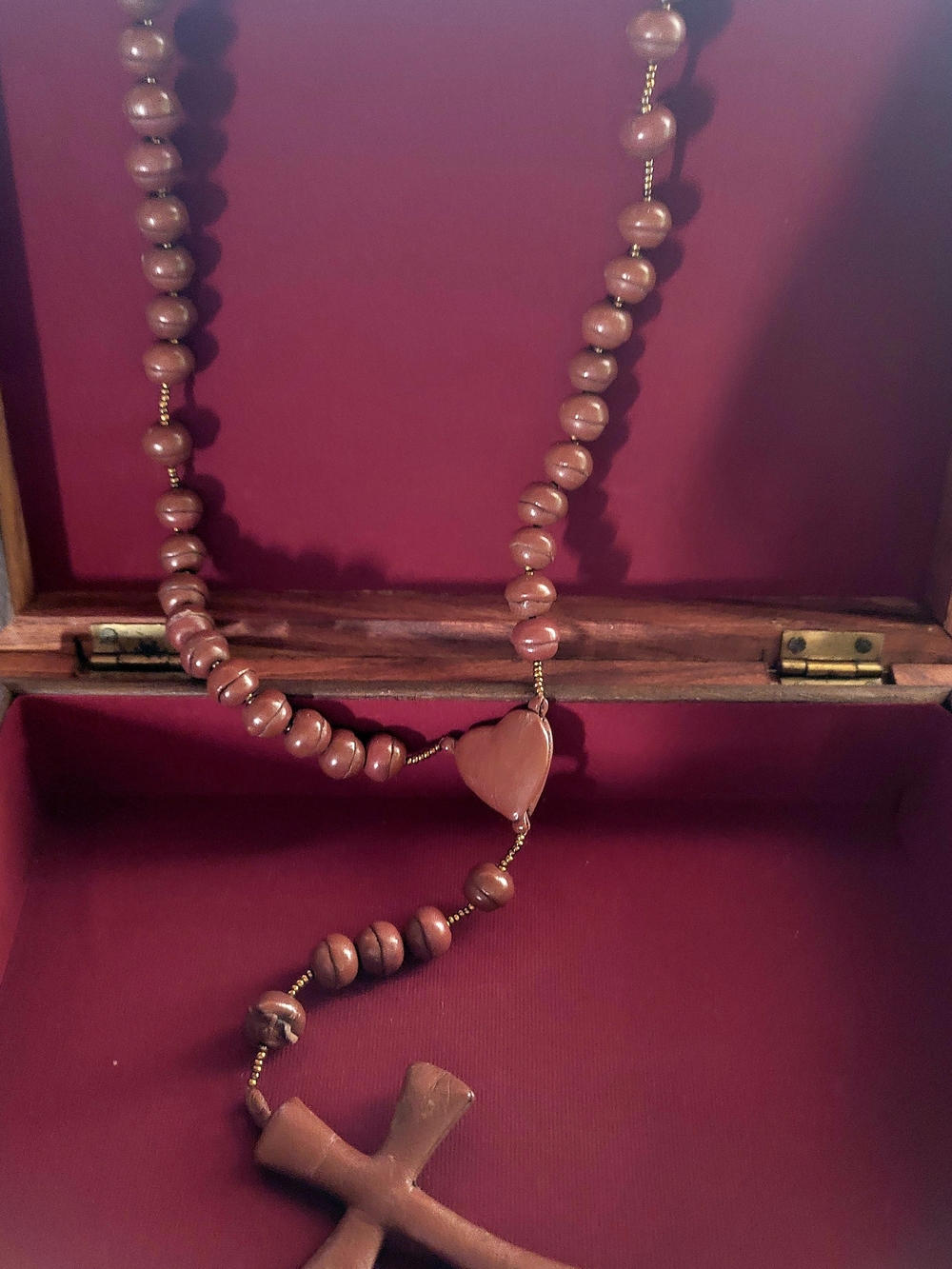 Hand Crafted Brown Bead Necklace with Heart and Cross Pendants